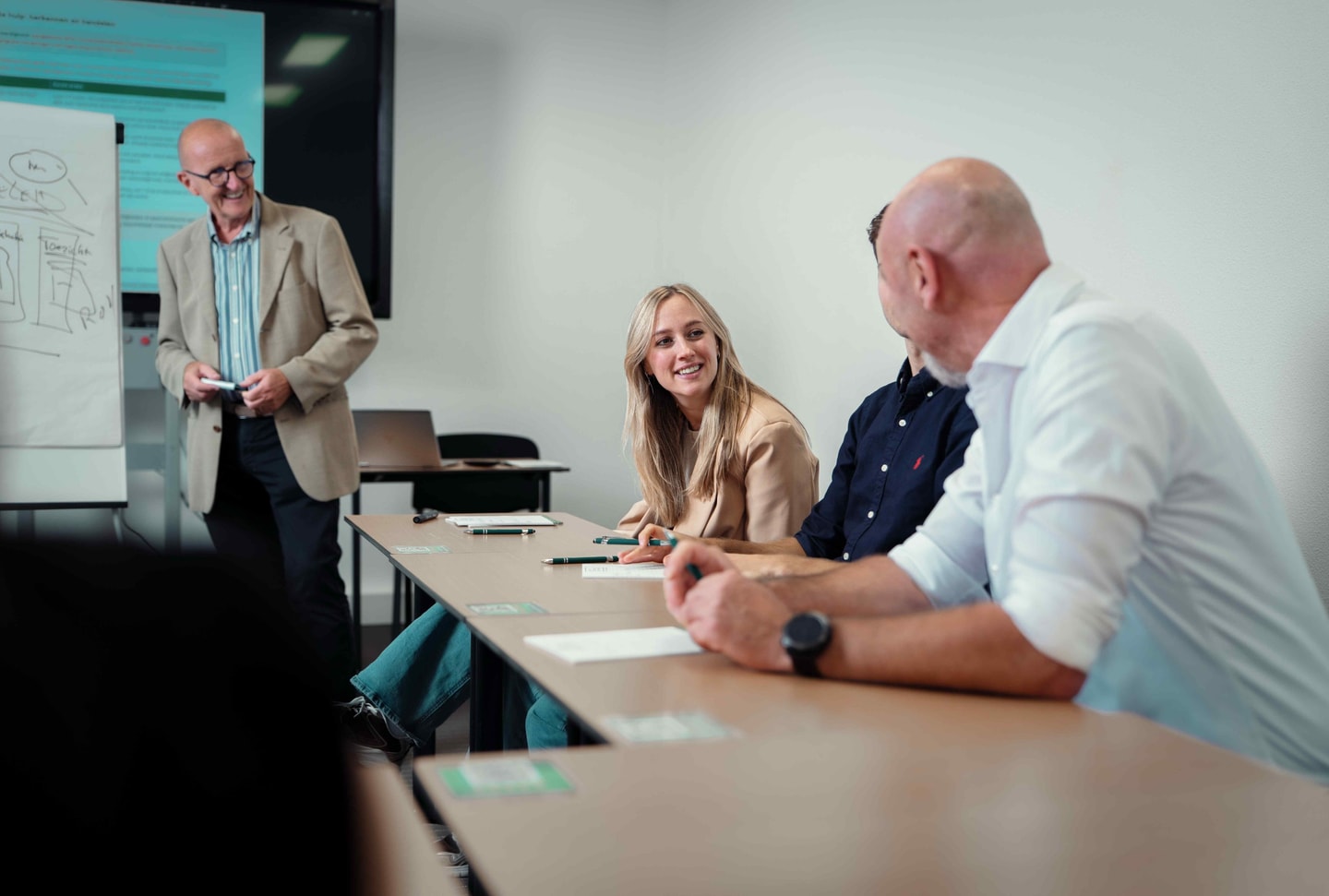 Cursisten aan een tafel luisteren naar een docent bij een flip-over